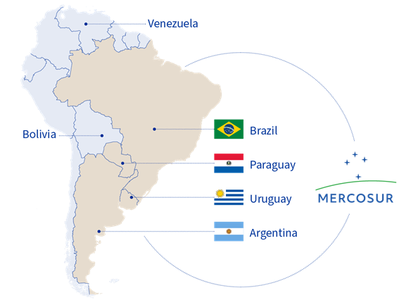 Mapa de América del Sur en el que se destacan los países del Mercosur: Brasil, Paraguay, Uruguay y Argentina.