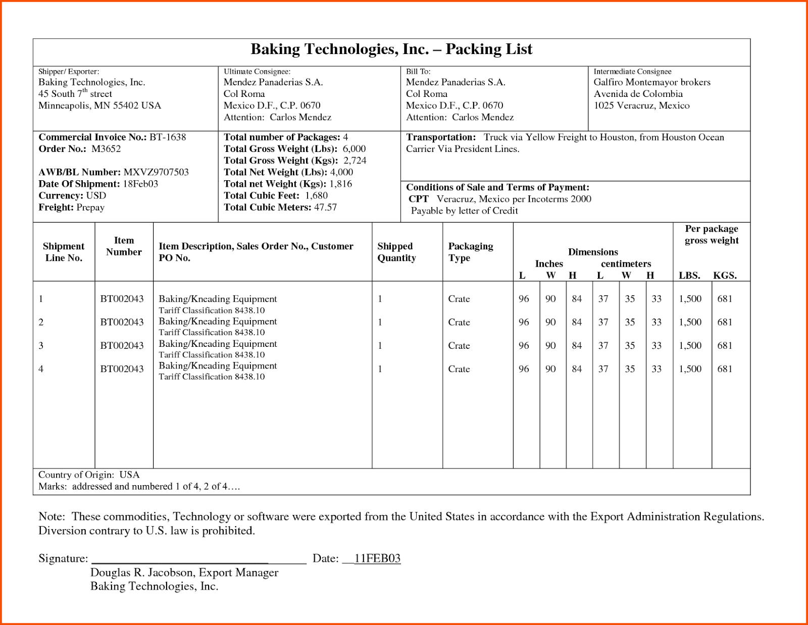 formato packing list