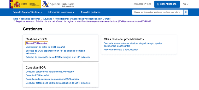 Página para darse de alta en el número EORI de España.