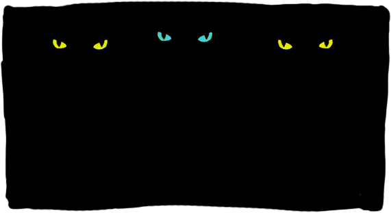 Un cuadrado de oscuridad en el que se ven unos ojos de gato brillantes. 